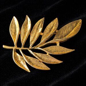 Vintage Monet Gold Leaf Brooch Textured Botanical Pin Signed Designer Jewelry